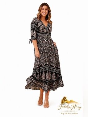 Caroline Morgan Bohemian paisley print maxi dress with 3/4 sleeves